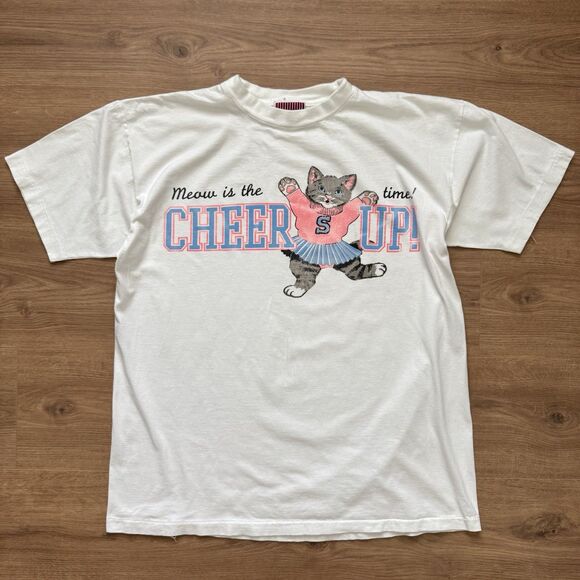 Vintage 90s Sleepygirl Cheerleader Cat T-Shirt Single Stitch Size XL Oversize - Picture 1 of 10